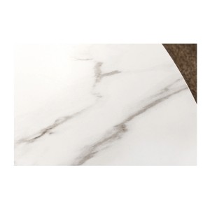Table de salle à manger LUMEA – Ronde 120 cm – Plateau céramique effet marbre blanc et pied en noyer – Style contemporain