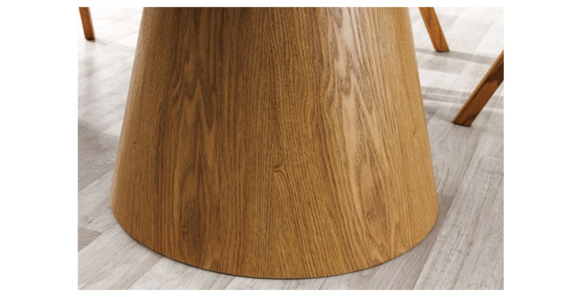 Table de salle à manger LUMEA – Ronde 120 cm – Plateau céramique effet marbre blanc et pied en noyer – Style contemporain