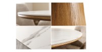 Table de salle à manger LUMEA – Ronde 120 cm – Plateau céramique effet marbre blanc et pied en noyer – Style contemporain