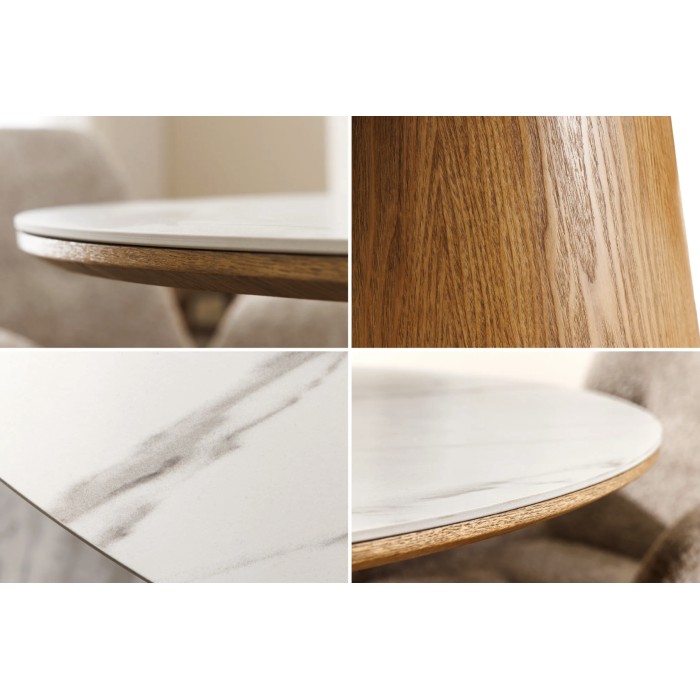 Eettafel LUMEA - Rond 120 cm - Keramisch tafelblad met wit marmer effect en walnoothouten voet - Hedendaagse stijl