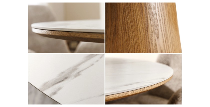 Zoom sur les détails de la table ronde 120cm blanche et bois LUMEA