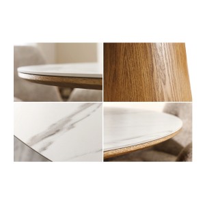 Table de salle à manger LUMEA – Ronde 120 cm – Plateau céramique effet marbre blanc et pied en noyer – Style contemporain