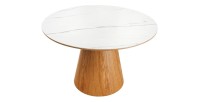 Table de salle à manger LUMEA – Ronde 120 cm – Plateau céramique effet marbre blanc et pied en noyer – Style contemporain