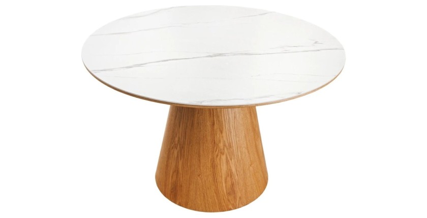Table de salle à manger LUMEA – Ronde 120 cm – Plateau céramique effet marbre blanc et pied en noyer – Style contemporain