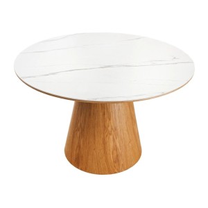 Table de salle à manger LUMEA – Ronde 120 cm – Plateau céramique effet marbre blanc et pied en noyer – Style contemporain