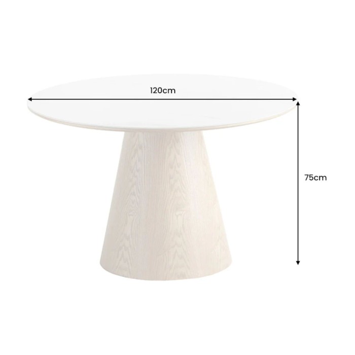 Eettafel LUMEA - Rond 120 cm - Keramisch tafelblad met wit marmer effect en walnoothouten voet - Hedendaagse stijl