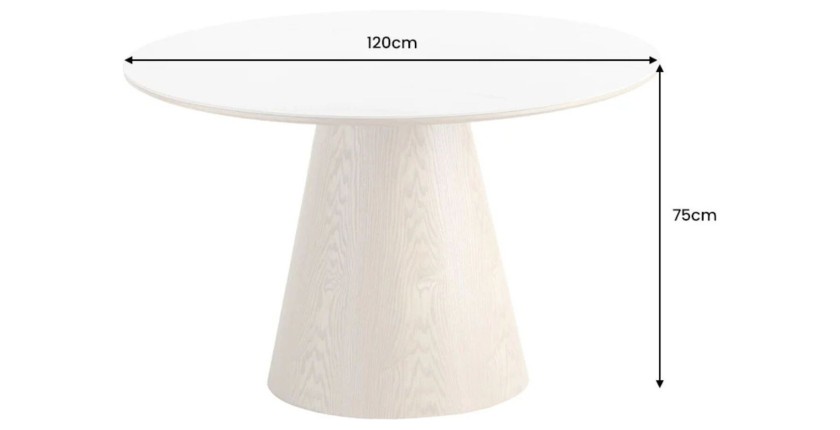 Table de salle à manger LUMEA – Ronde 120 cm – Plateau céramique effet marbre blanc et pied en noyer – Style contemporain
