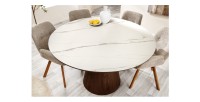 Table de salle à manger LUMEA – Ronde 120 cm – Plateau céramique effet marbre blanc – Ped en bois massif – Style contemporain