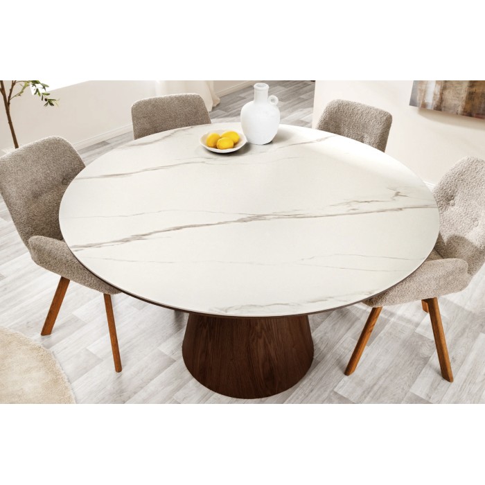 Table LUMEA ronde blanche et bois foncée vu de haut
