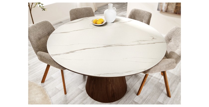 Table de salle à manger LUMEA – Ronde 120 cm – Plateau céramique effet marbre blanc – Ped en bois massif – Style contemporain
