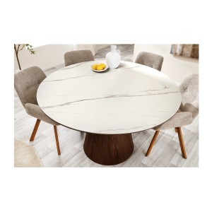 Table de salle à manger LUMEA – Ronde 120 cm – Plateau céramique effet marbre blanc – Ped en bois massif – Style contemporain