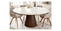 Table de salle à manger LUMEA – Ronde 120 cm – Plateau céramique effet marbre blanc – Ped en bois massif – Style contemporain