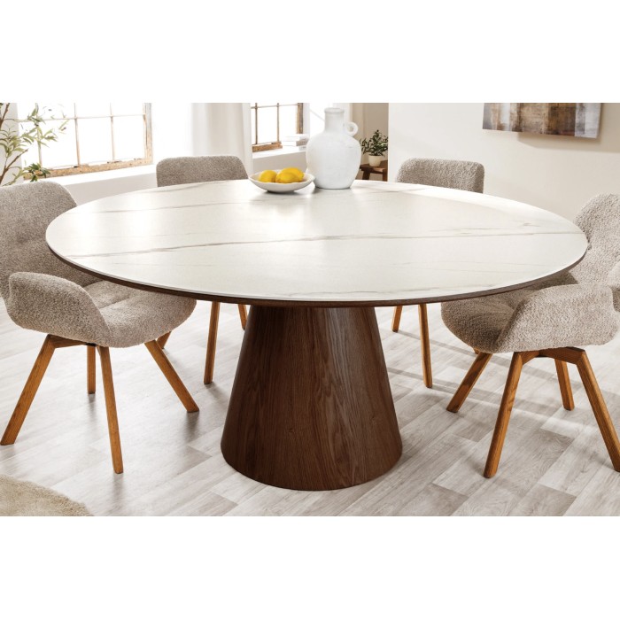 Table LUMEA ronde blanche et bois foncée décor 3D