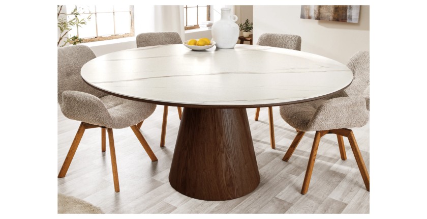 Table de salle à manger LUMEA – Ronde 120 cm – Plateau céramique effet marbre blanc – Ped en bois massif – Style contemporain