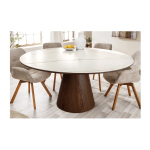 Table LUMEA ronde blanche et bois foncée décor 3D
