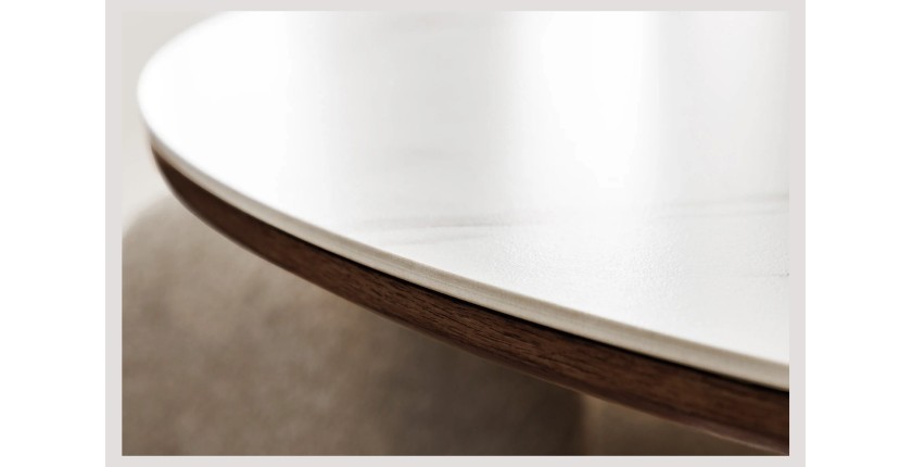 Table de salle à manger LUMEA – Ronde 120 cm – Plateau céramique effet marbre blanc – Pied plaqué en noyer – Style contemporain