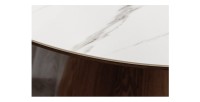 Zoom sur le côté du plateau de la table ronde LUMEA blanche et bois foncée