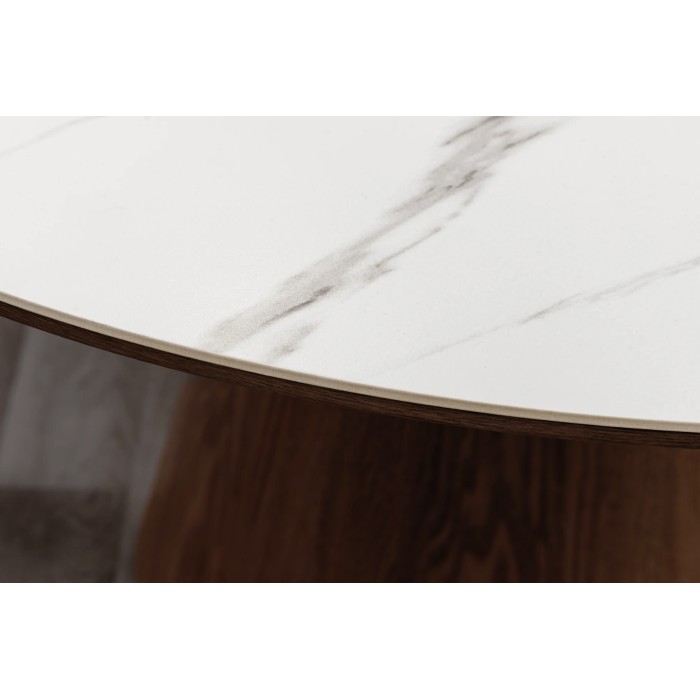 Eettafel LUMEA – Rond 120 cm – Tafelblad van keramiek met wit marmer effect – Massief houten poot – Hedendaagse stijl