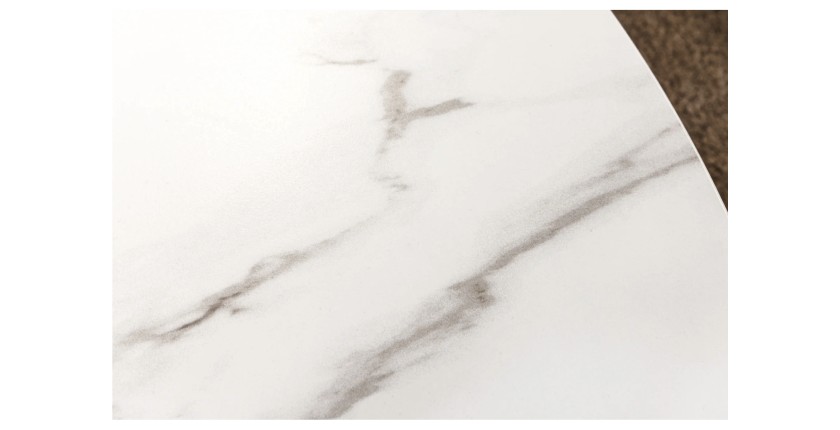 Zoom sur la texture du plateau de la table LUMEA ronde blanche et bois foncée