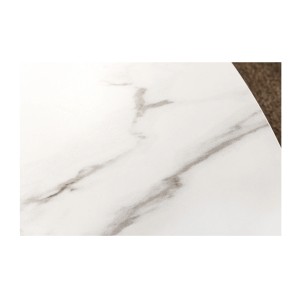 Zoom sur la texture du plateau de la table LUMEA ronde blanche et bois foncée