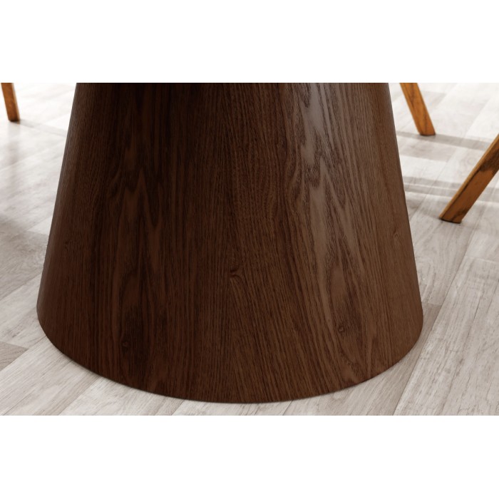 Eettafel LUMEA – Rond 120 cm – Tafelblad van keramiek met wit marmer effect – Massief houten poot – Hedendaagse stijl