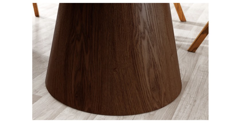 Table de salle à manger LUMEA – Ronde 120 cm – Plateau céramique effet marbre blanc – Ped en bois massif – Style contemporain