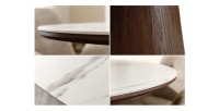 Table de salle à manger LUMEA – Ronde 120 cm – Plateau céramique effet marbre blanc – Ped en bois massif – Style contemporain