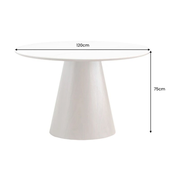Eettafel LUMEA – Rond 120 cm – Tafelblad van keramiek met wit marmer effect – Massief houten poot – Hedendaagse stijl