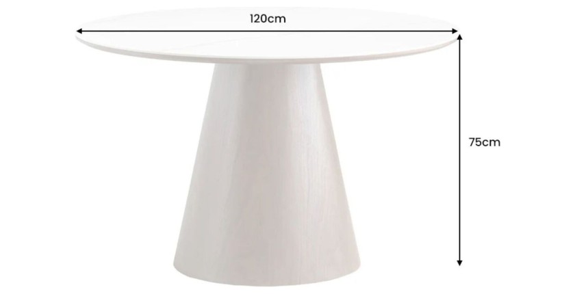 Table de salle à manger LUMEA – Ronde 120 cm – Plateau céramique effet marbre blanc – Ped en bois massif – Style contemporain