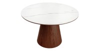 Table de salle à manger LUMEA – Ronde 120 cm – Plateau céramique effet marbre blanc – Ped en bois massif – Style contemporain