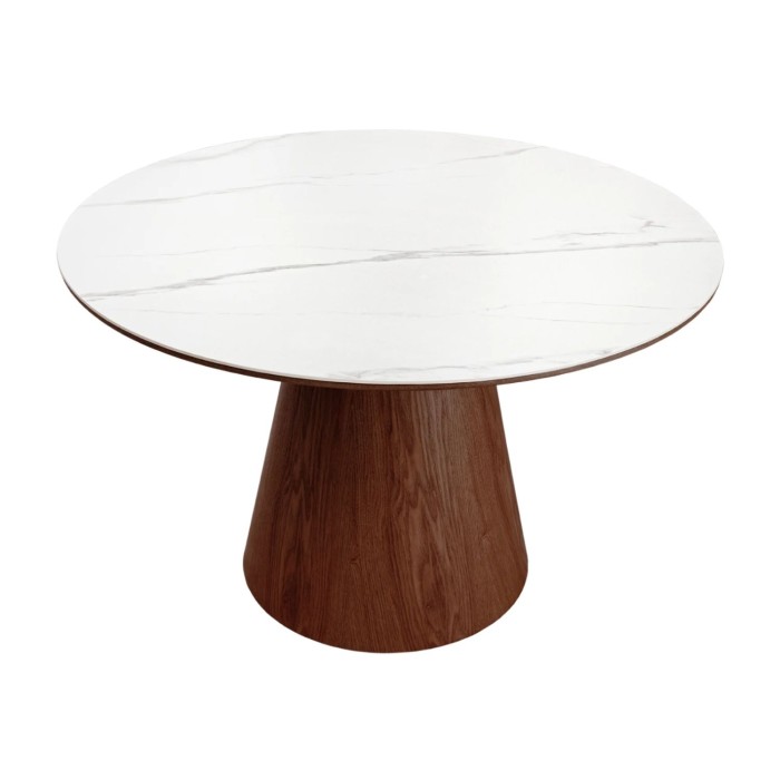 Table LUMEA ronde blanche et bois foncée sur fond blanc