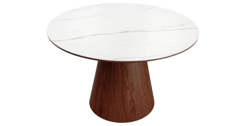 Table de salle à manger LUMEA – Ronde 120 cm – Plateau céramique effet marbre blanc – Ped en bois massif – Style contemporain