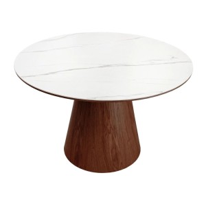 Table de salle à manger LUMEA – Ronde 120 cm – Plateau céramique effet marbre blanc – Ped en bois massif – Style contemporain