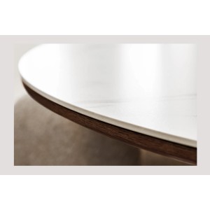 Table de salle à manger LUMEA – Ronde 120 cm – Plateau céramique effet marbre blanc – Ped en bois massif – Style contemporain