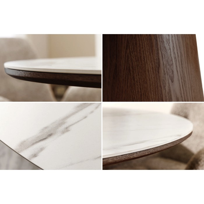 Zoom sur les détails de la table LUMEA ronde blanche et bois foncée
