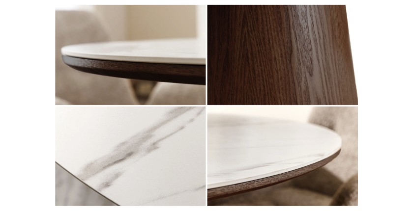 Zoom sur les détails de la table LUMEA ronde blanche et bois foncée