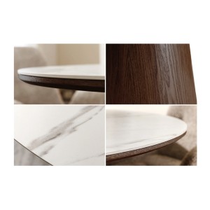Zoom sur les détails de la table LUMEA ronde blanche et bois foncée