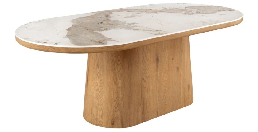 Table de salle à manger LUMEA – Ovale 200 cm – Effet marbre blanc – Pied large – Style contemporain