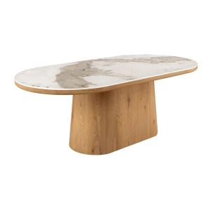 Table de salle à manger LUMEA – Ovale 200 cm – Effet marbre blanc – Pied large – Style contemporain