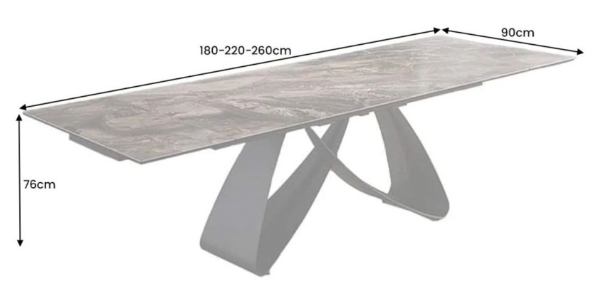 Table de salle à manger ZAREL – Extensible 180 à 260 cm – Céramique et verre trempé – Aspect marbre gris taupe