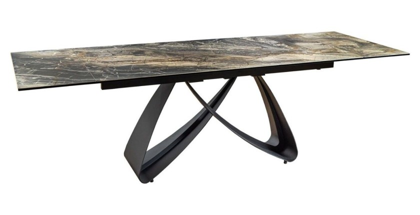 Table de salle à manger ZAREL – Extensible 180 à 260 cm – Céramique et verre trempé – Aspect marbre gris taupe