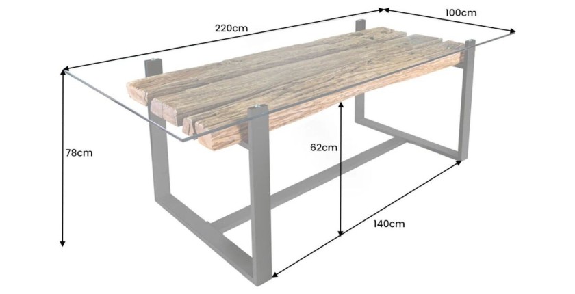 Table de salle à manger RAFTA – Rectangulaire 220 cm – Bois, métal et verre – Style industriel
