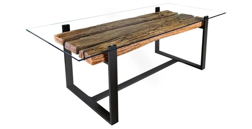 Table de salle à manger RAFTA – Rectangulaire 220 cm – Bois, métal et verre – Style industriel