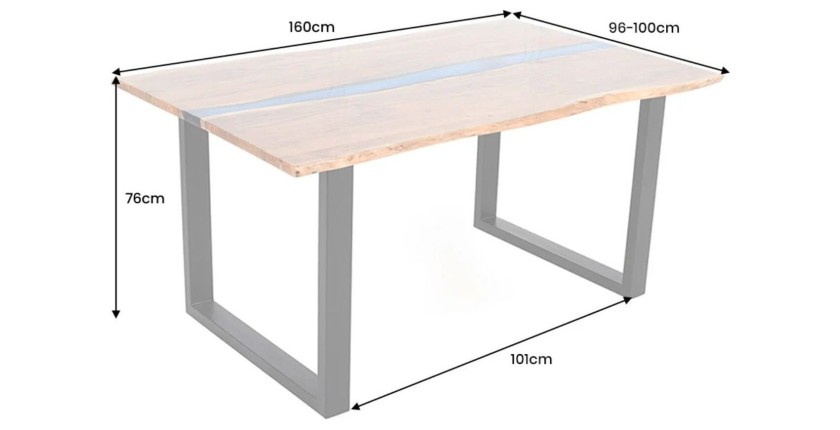 Table de salle à manger LAGUNA – Rectangulaire 160 cm – Bois massif d’acacia et résine époxy bleue
