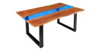 Table de salle à manger LAGUNA – Rectangulaire 160 cm – Bois massif d’acacia et résine époxy bleue