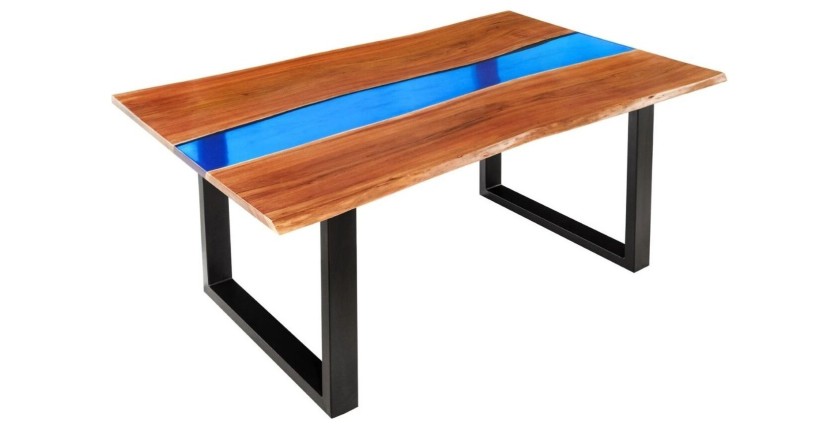 Table de salle à manger LAGUNA – Rectangulaire 160 cm – Bois massif d’acacia et résine époxy bleue
