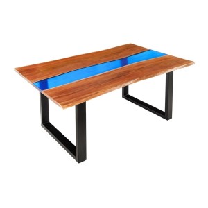 Table de salle à manger LAGUNA – Rectangulaire 160 cm – Bois massif d’acacia et résine époxy bleue