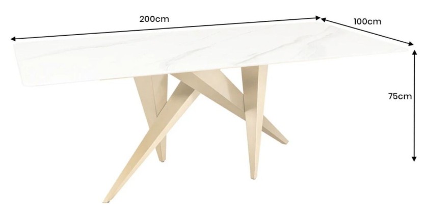 Table de salle à manger AXIS – Rectangulaire 200 cm – Effet marbre blanc – Pieds métal coloris or – Style chic