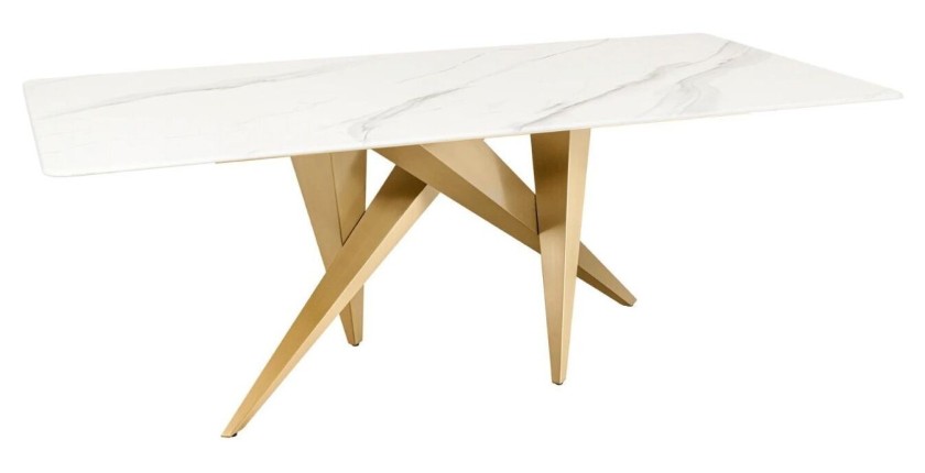 Table de salle à manger AXIS – Rectangulaire 200 cm – Effet marbre blanc – Pieds métal coloris or – Style chic