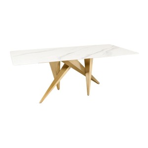 Table de salle à manger AXIS – Rectangulaire 200 cm – Effet marbre blanc – Pieds métal coloris or – Style chic